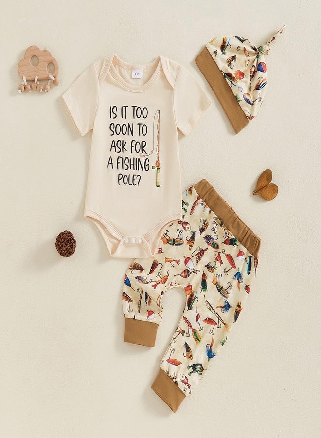 Amnnchya Newborn Baby Boy Clothes Fishing Short Sleeve Romper Shirt Tops Pants Summer Spring Outfits Cute Hat Set (Beige, 3-6 Months) - Image 2