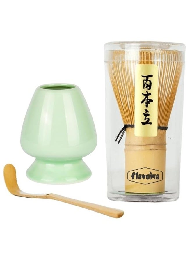 Flavoma (Sets of 3) Japanese Handmade Bamboo Matcha Whisk (Match Brush Japanese Style) + Traditional Scoop (Chashaku) + Ceramic Tea Whisk Holder, Prepare a Traditional Cup of Matcha - Image 1