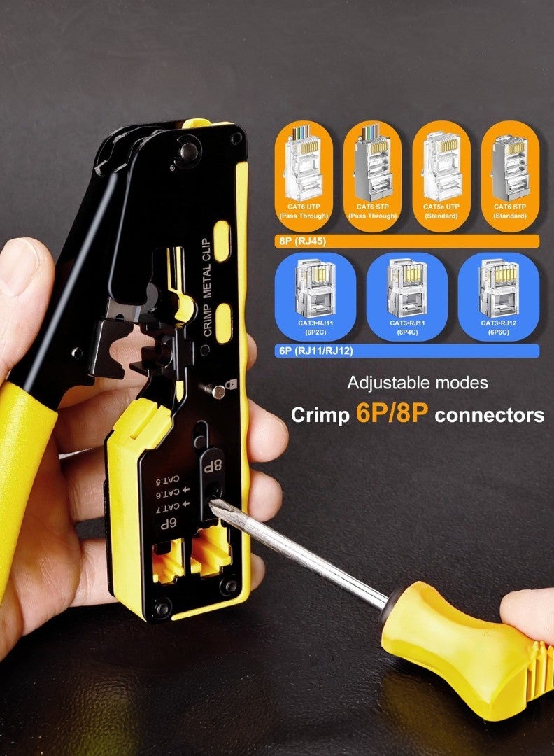 كاشيمانو كماشة عقص متعددة الوظائف RJ45 لكابلات الإيثرنت، 8P متوافق مع 6P CAT5 وCAT6 وCAT7، لونها أصفر.  - Image 4