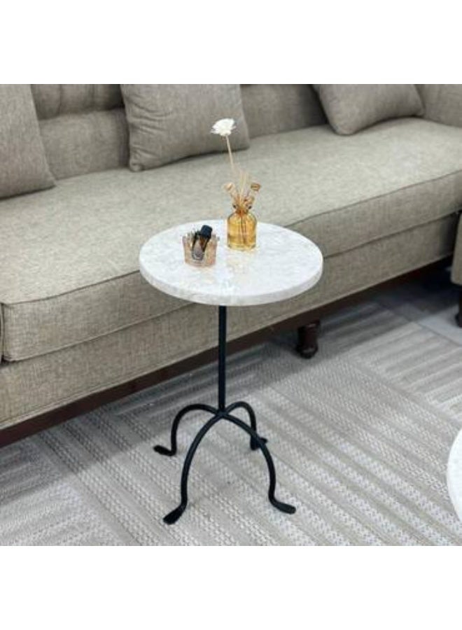 Modern Round Side Service Table with White Marble Top and Black Iron Base - Image 1