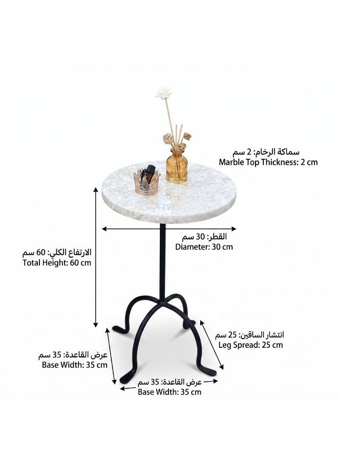 Modern Round Side Service Table with White Marble Top and Black Iron Base - Image 2