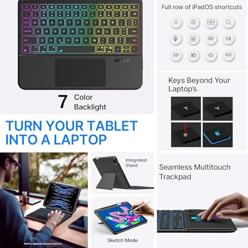 typecase Folio Duo Keyboard case for iPad 9th/8th/7th Gen (10.2 Inch), Air 3-10.5 & Pro 10.5 with Multi Gesture Trackpad & 7-Color Backlit, Magnetically Detached Cover, Portrait/Landscape Mode- Black - Image 3
