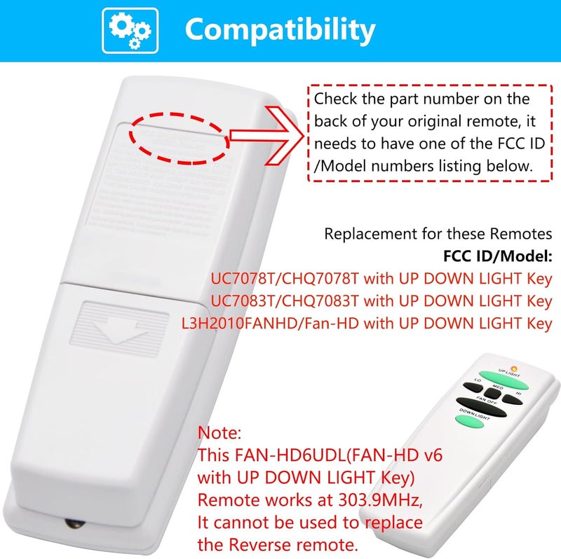 CENMING Replacement Remote for Hampton Bay Ceiling Fan Remote Control,with Up Down Light Control Dimmer 3-Speed, for UC7078T CHQ7078T UC7083T CHQ7083T L3H2010FANHD Fan-HD6UDL(Remote Only) - Image 2