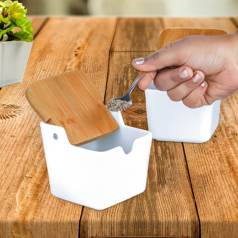 Hedrix 2 Piece Ceramic Sugar Bowl with Lid and Spoon Salt and Pepper Bowl with Bamboo Lid - Image 4