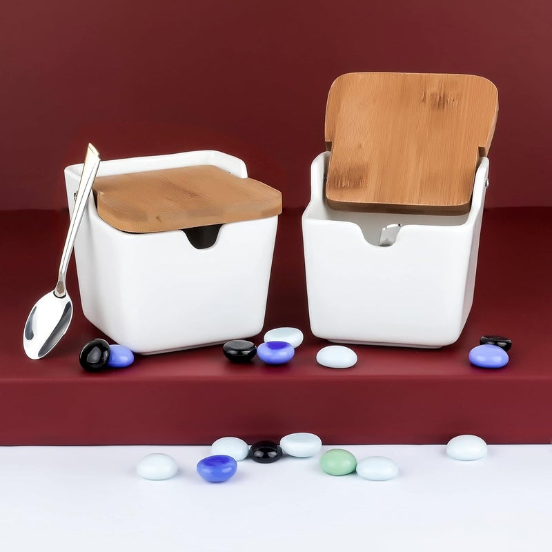Hedrix 2 Piece Ceramic Sugar Bowl with Lid and Spoon Salt and Pepper Bowl with Bamboo Lid - Image 5