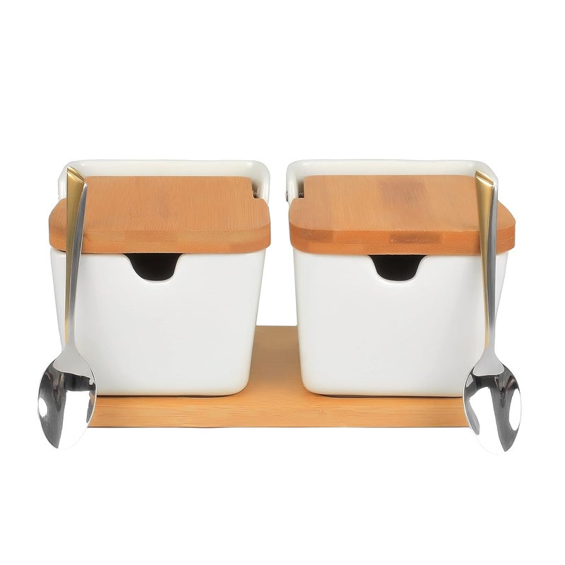 Hedrix 2 Piece Ceramic Sugar Bowl with Lid and Spoon Salt and Pepper Bowl with Bamboo Lid - Image 2