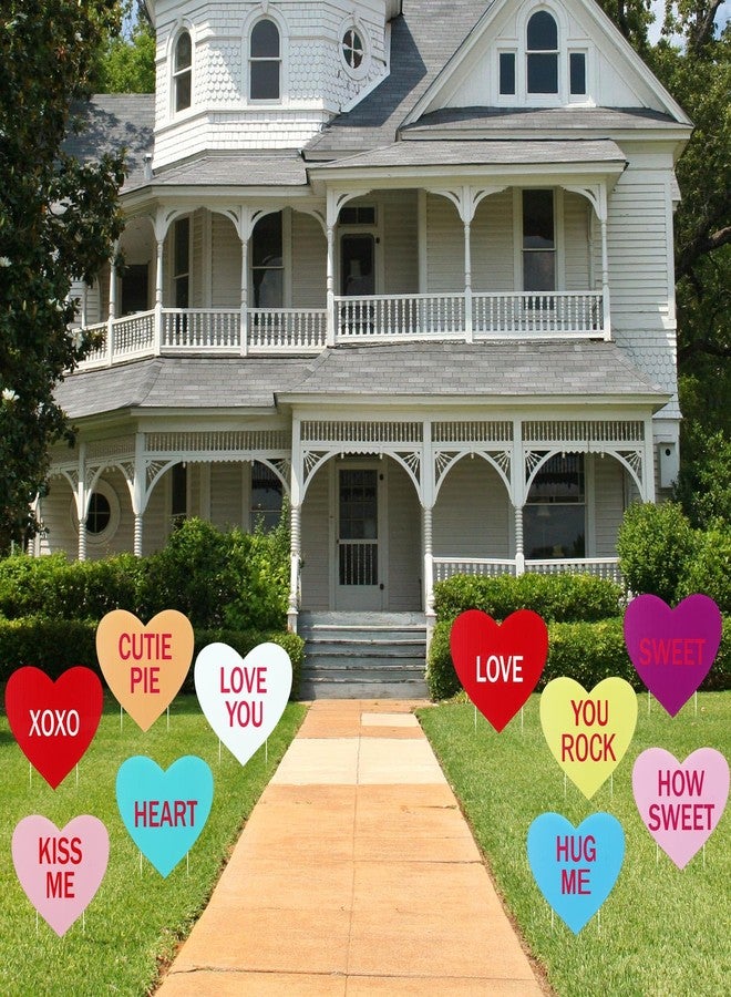 Remerry 12 Pieces Valentine's Day Conversation Hearts Yard Signs with Stakes Large Valentines Yard Lawn Decorations Heart Shape Valentine Sayings Lawn Signs for Walkway Valentine's Day Decorations Outdoor - Image 1