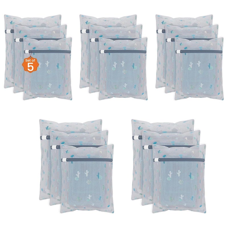 Kuber Industries Set of 15 Polyester Mesh Laundry Bag with Zip Reusable Washing Bags for Washing Machine Ideal for Delicate Fabrics Lingerie Shoes Protection YZ91 Cactus Print White - Image 1