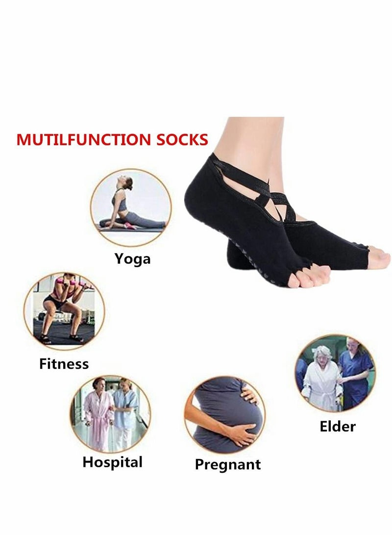 Yoga Socks for Women, 4 Pairs Non Slip Toeless Five Toe Cotton Slipper Dance Pilates Barre Barefoot Workout