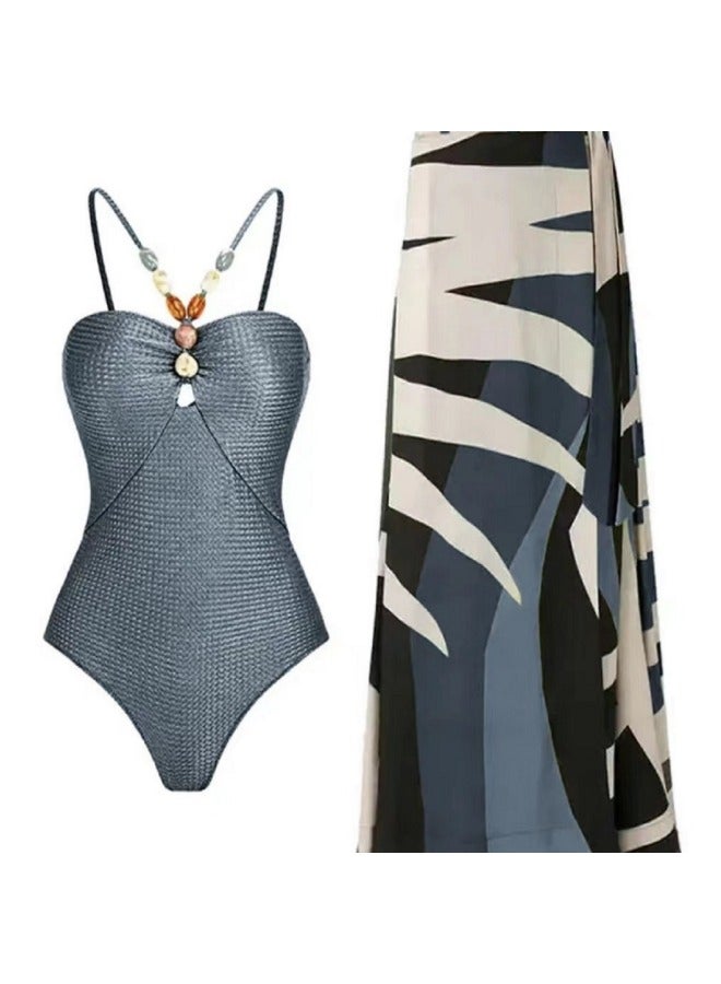 Loquat Outdoor One-piece Gauze Dress Suit Swimsuit Hot Spring Women's Strap Bikini High-grade Sense Plus Size Conservative-Color:Olive Bright- - Image 5