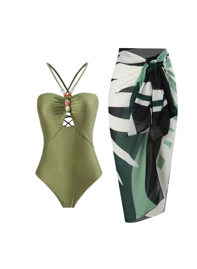 Loquat Outdoor One-piece Gauze Dress Suit Swimsuit Hot Spring Women's Strap Bikini High-grade Sense Plus Size Conservative-Color:Olive Bright- - Image 1