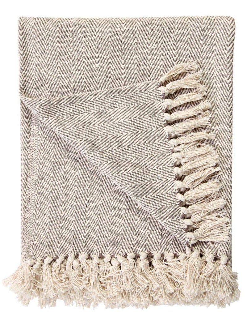 EHC 100 Natural Cotton Two Tone Herringbone King Size 3 Seater Throws for Sofa BedspreadSettee Throw 225 x 250cm
