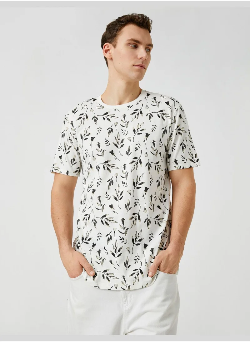 KOTON Leaf Printed T-Shirt Crew Neck Slim Fit Short Sleeve