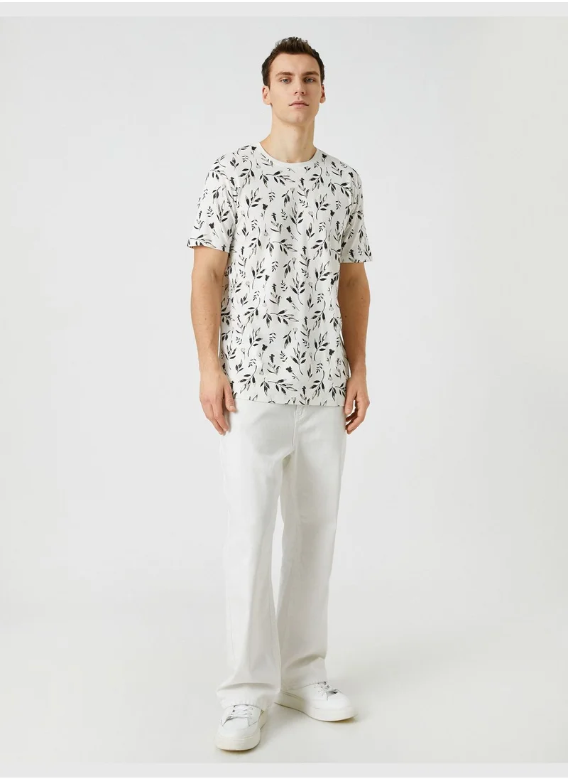 كوتون Leaf Printed T-Shirt Crew Neck Slim Fit Short Sleeve