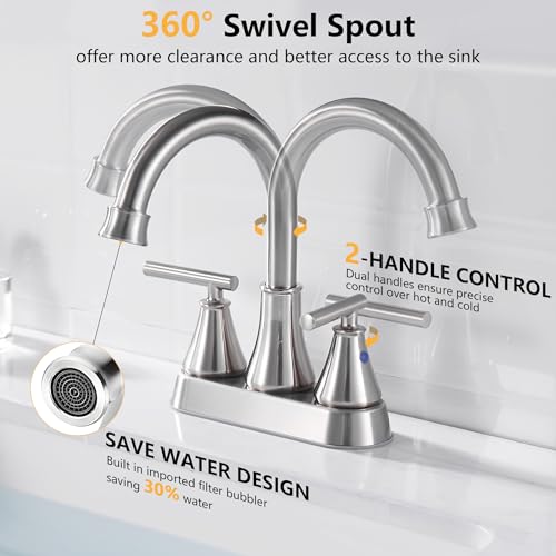 Fransiton Bathroom Sink Faucet 4 Inch 2 Handle Centerset Brushed Nickel Lead-Free Modern Bathroom Faucet Vanity Faucet with Pop-up Drain Stopper and Supply Hoses - Image 2
