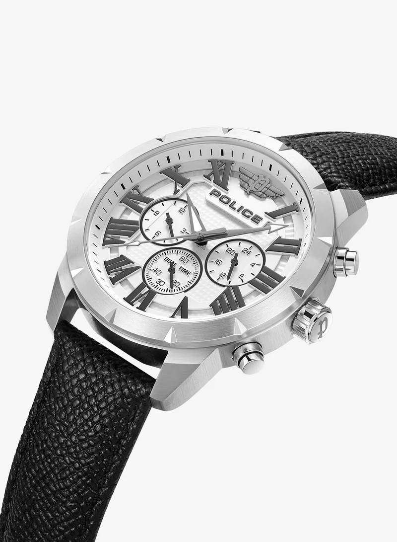 بوليس Police Roman Black Genuine Leather Strap Round Stainless Steel Case Gents Watch - 45 x 53mm
