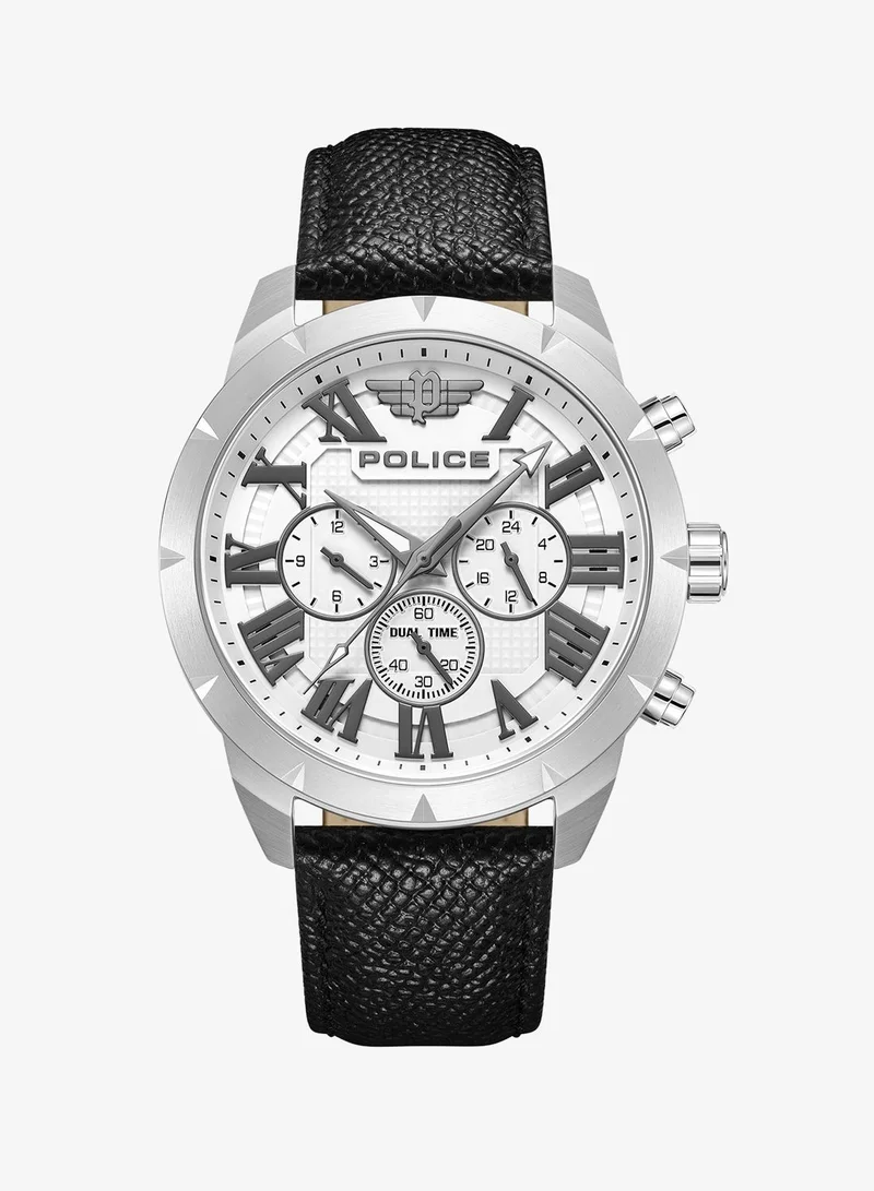 بوليس Police Roman Black Genuine Leather Strap Round Stainless Steel Case Gents Watch - 45 x 53mm