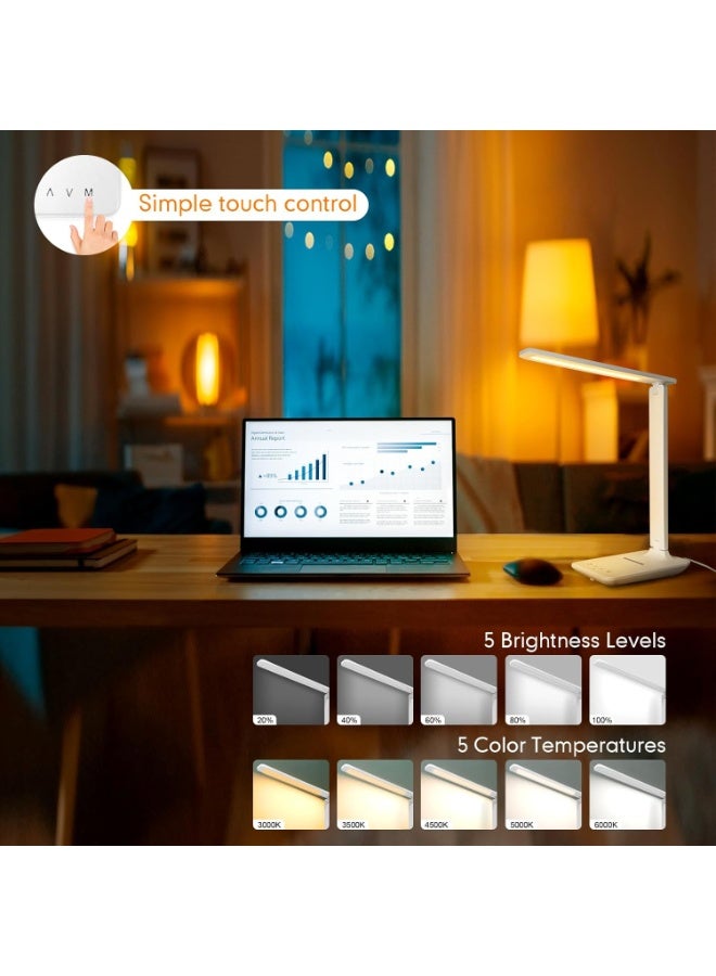 مصباح مكتب LED أبيض بشاحن لاسلكي 15W ومنفذ USB، مصباح طاولة قابل للتعتيم بـ 5 أوضاع إضاءة، تحكم باللمس الحساس، ضوء مكتب قابل للطي ومحمول للمنزل، المكتب، غرفة النوم، القراءة - Image 2