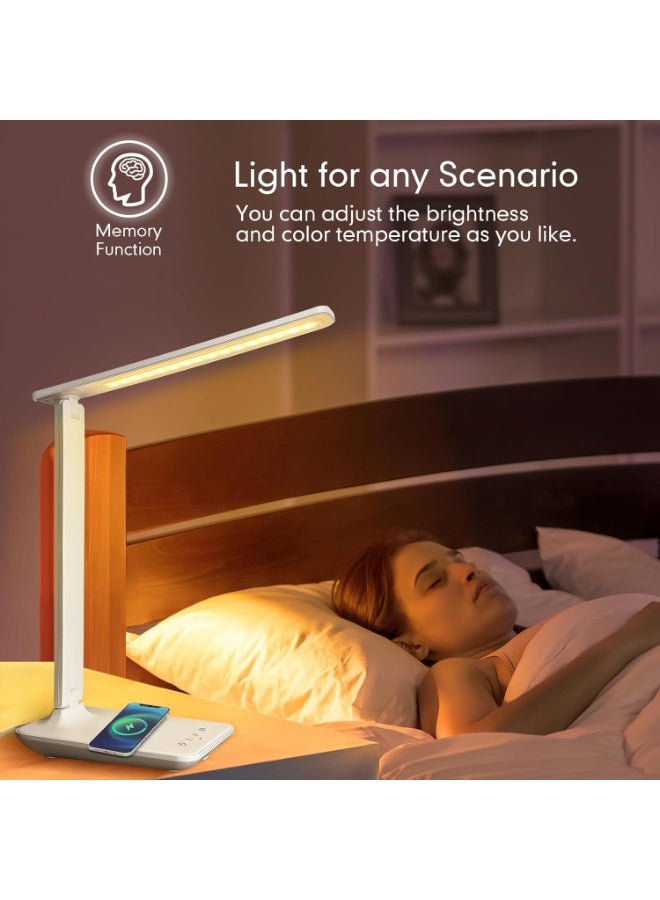 مصباح مكتب LED أبيض بشاحن لاسلكي 15W ومنفذ USB، مصباح طاولة قابل للتعتيم بـ 5 أوضاع إضاءة، تحكم باللمس الحساس، ضوء مكتب قابل للطي ومحمول للمنزل، المكتب، غرفة النوم، القراءة - Image 4