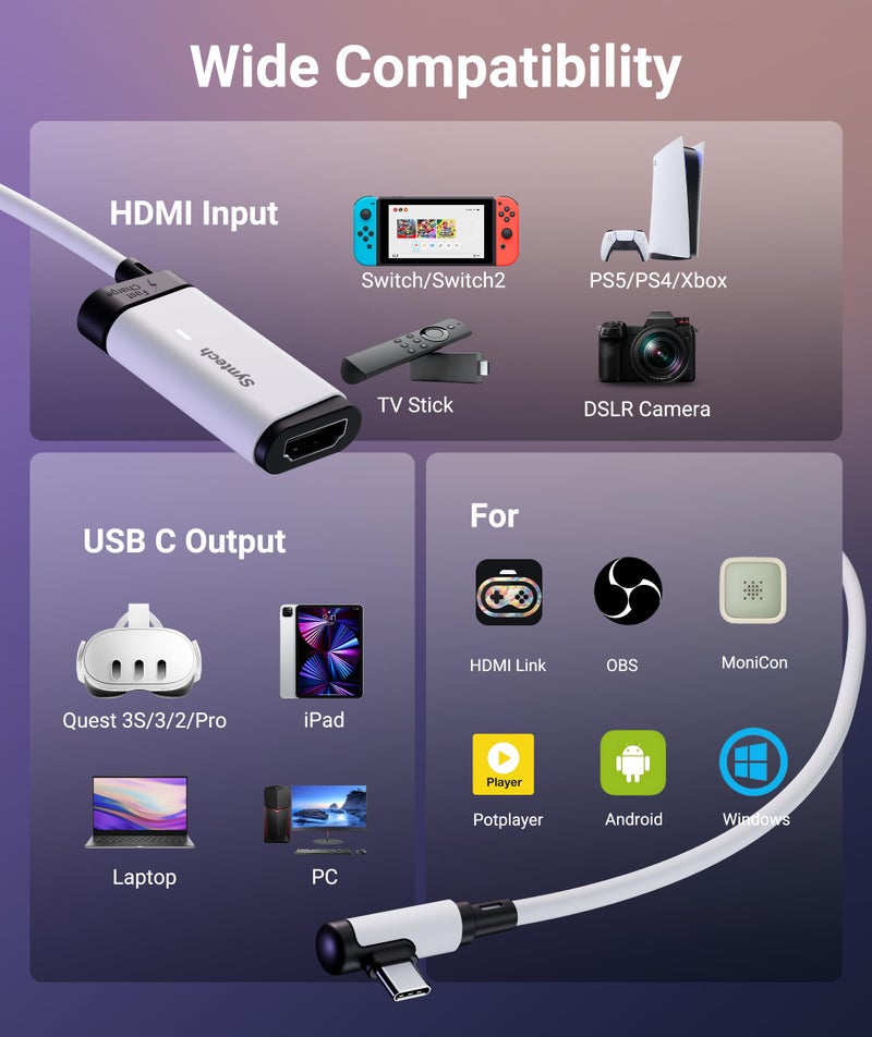 Syntech 2K@30Hz Video Capture Card with 100W PD Charging 5FT Compatible with Quest 3S/3/2, Made for Meta, 4K Input HDMI Female to USB-C Capture Card for Stream VR Game Recording for Switch, PS5, iPad - Image 5
