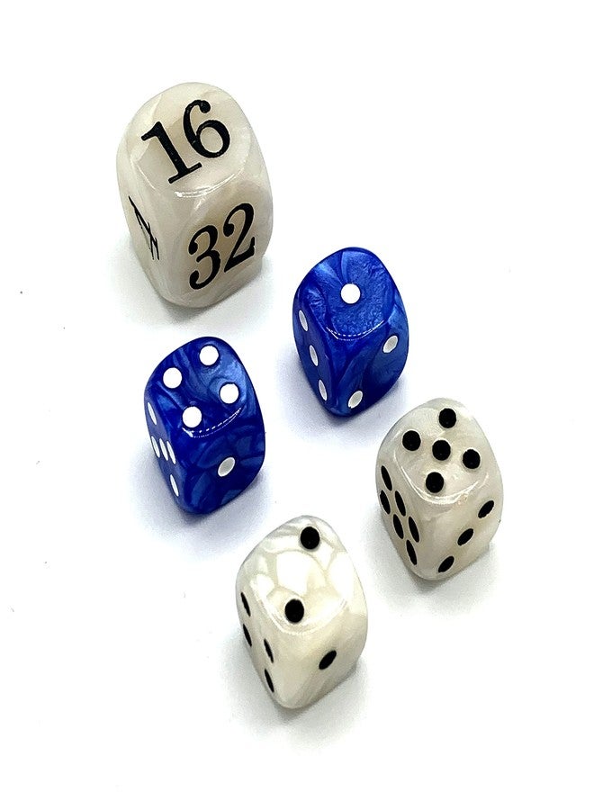 Luck Lab Backgammon Pearl Dice Set - 22 mm Doubling Cube Plus Four 16 mm Dice with Bonus Bag, Blue/White Marbelized - Image 1