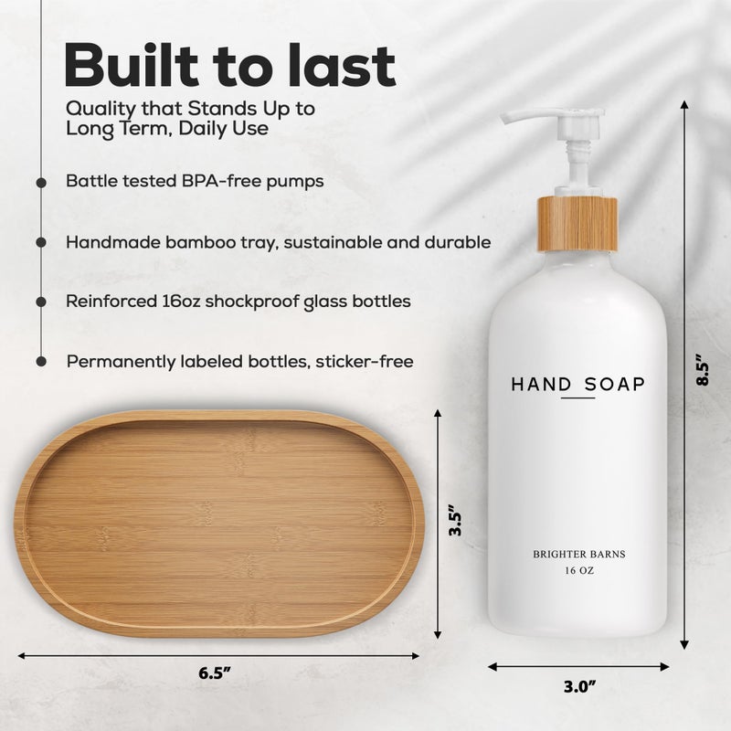 Brighter Barns White Glass Soap and Lotion Dispenser Set with Tray by Brighter Barns - Hand Soap Dispenser Bathroom Set - Bamboo Bathroom Soap Dispenser Set - Minimalist Bathroom Accessories, Modern Home Decor - Image 3