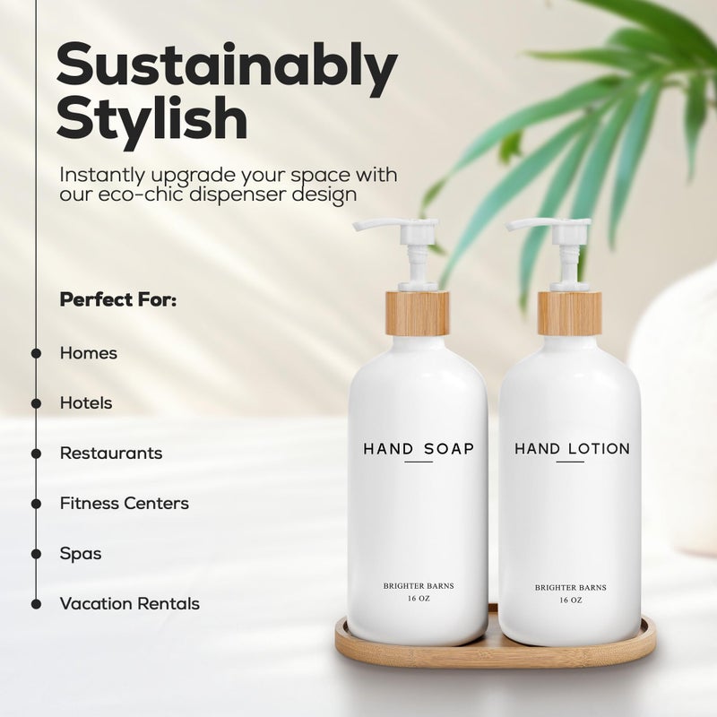 Brighter Barns White Glass Soap and Lotion Dispenser Set with Tray by Brighter Barns - Hand Soap Dispenser Bathroom Set - Bamboo Bathroom Soap Dispenser Set - Minimalist Bathroom Accessories, Modern Home Decor - Image 2
