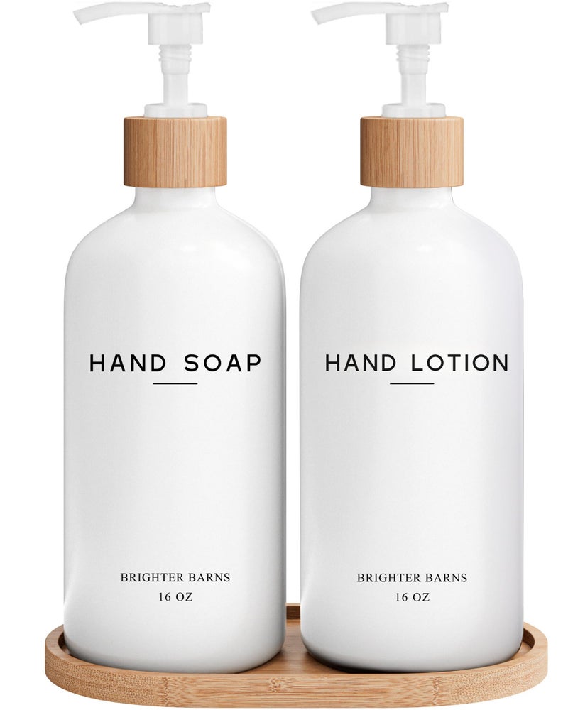 Brighter Barns White Glass Soap and Lotion Dispenser Set with Tray by Brighter Barns - Hand Soap Dispenser Bathroom Set - Bamboo Bathroom Soap Dispenser Set - Minimalist Bathroom Accessories, Modern Home Decor - Image 1