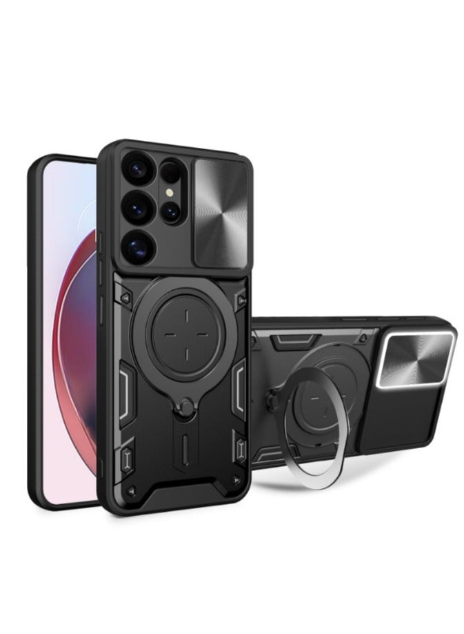 غطاء الحالة لـ ITEL S25 Ultra 4G ، غطاء عدسة الكاميرا الشريحة ، حلقة الركض 360 درجة ، حالة الهاتف المضادة للصدمات ، متوافقة مع حالة الهاتف المحمول المغناطيسي للسيارة لـ ITEL S25 Ultra 4G الأسود - Image 1