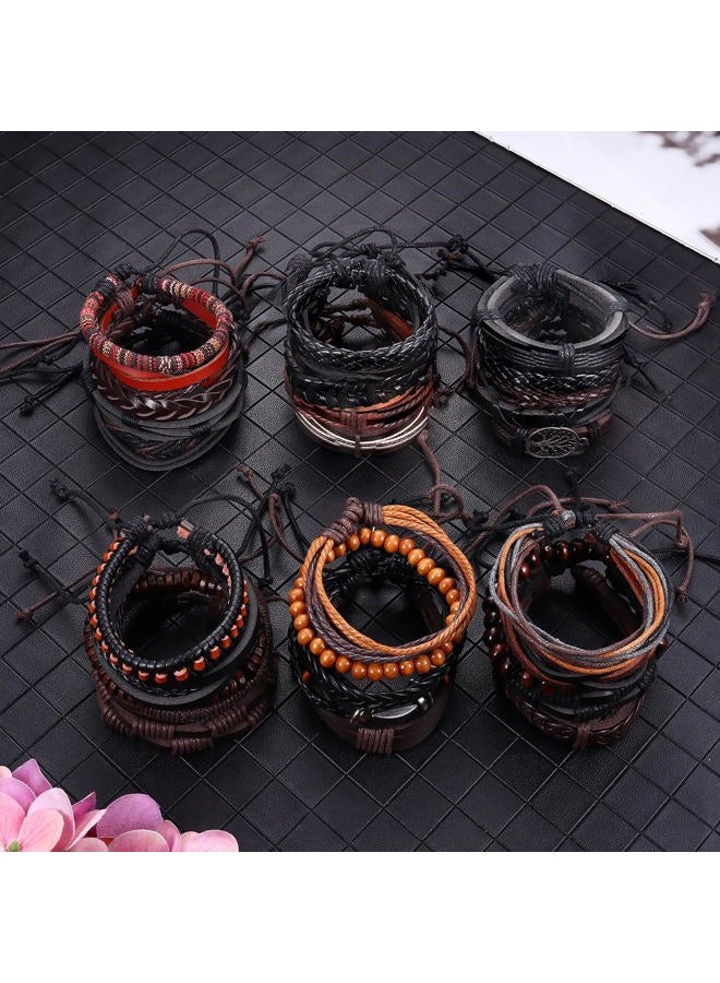 Florideco 30PCS Braided Leather Bracelets for Men Women Wrap Wood Beads Bracelet Woven Ethnic Tribal Rope Wristbands Bracelets Set Adjustable, 8.5 inches, Wood Leather - Image 3