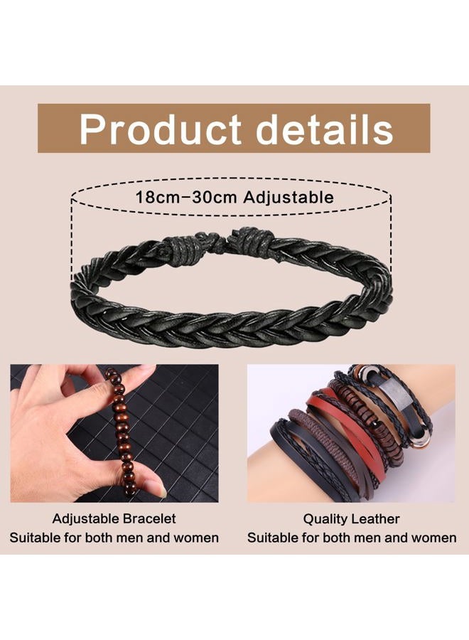 Florideco 30PCS Braided Leather Bracelets for Men Women Wrap Wood Beads Bracelet Woven Ethnic Tribal Rope Wristbands Bracelets Set Adjustable, 8.5 inches, Wood Leather - Image 5