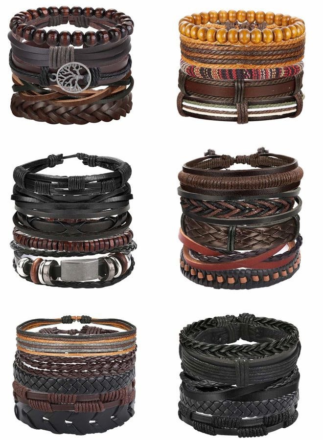 Florideco 30PCS Braided Leather Bracelets for Men Women Wrap Wood Beads Bracelet Woven Ethnic Tribal Rope Wristbands Bracelets Set Adjustable, 8.5 inches, Wood Leather - Image 1