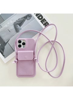 Japan And South Korea Card Case Crossing IPhone16 Phone Case Apple 15pro Max/13/X/7 Leather Phone Case-Color:Litchi Pattern Ear Card Holder Lanyard Purple-Applicable Model:iPhone16pro