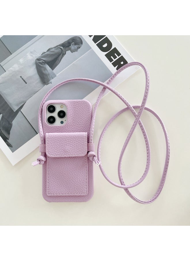 Generic - Japan And South Korea Card Case Crossing IPhone16 Phone Case Apple 15pro Max/13/X/7 Leather Phone Case-Color:Litchi Pattern Ear Card Holder Lanyard Purple-Applicable Model:iPhone16pro - Image 1