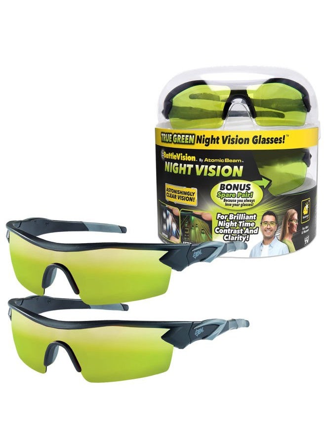 Battlevision Battlevision As Seen On TV Night Vision Glasses 2 Pairs by BulbHead - Amazing Night Driving Glasses Protect Eyes From Blinding Headlight Glare - Green Lenses Enhance Clarity - Flexible Frames, 6 In  - Image 1