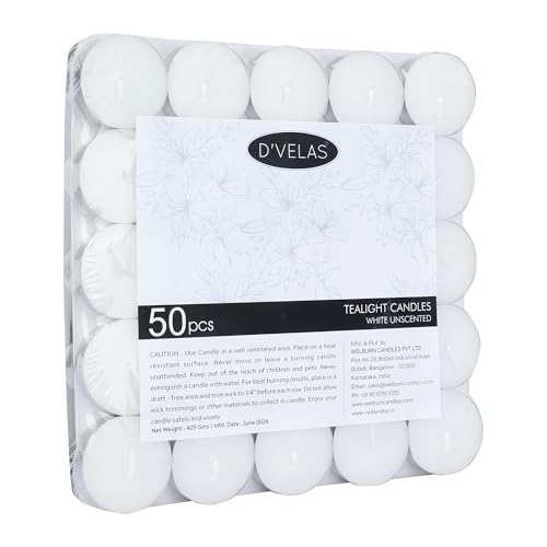 D'Velas™ White Unscented Wax Tealight Candles - Pack of 50 | 2 Hours Burning Time, Paraffin Wax, Unscented, Smokeless, Dripless, for Home Decor, Offices & Other Occasions (White, Pack of 50) - Image 2