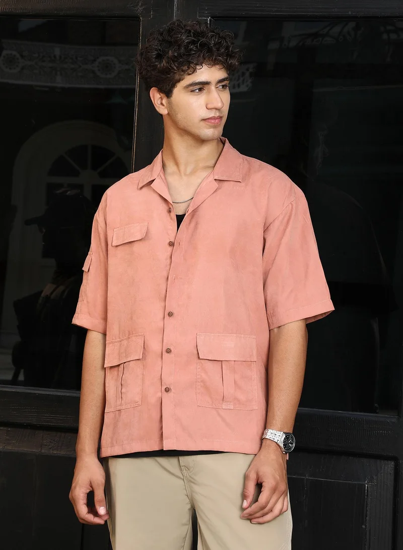 Campus Sutra Campus Sutra Men's Nude Pink Modular-Utility Cuban Oversized Shirt | Cuban Collar , Short Regular Sleeves , Button Closure , Straight Hem | Solid Plain | Polyester Shirt For Casual Wear