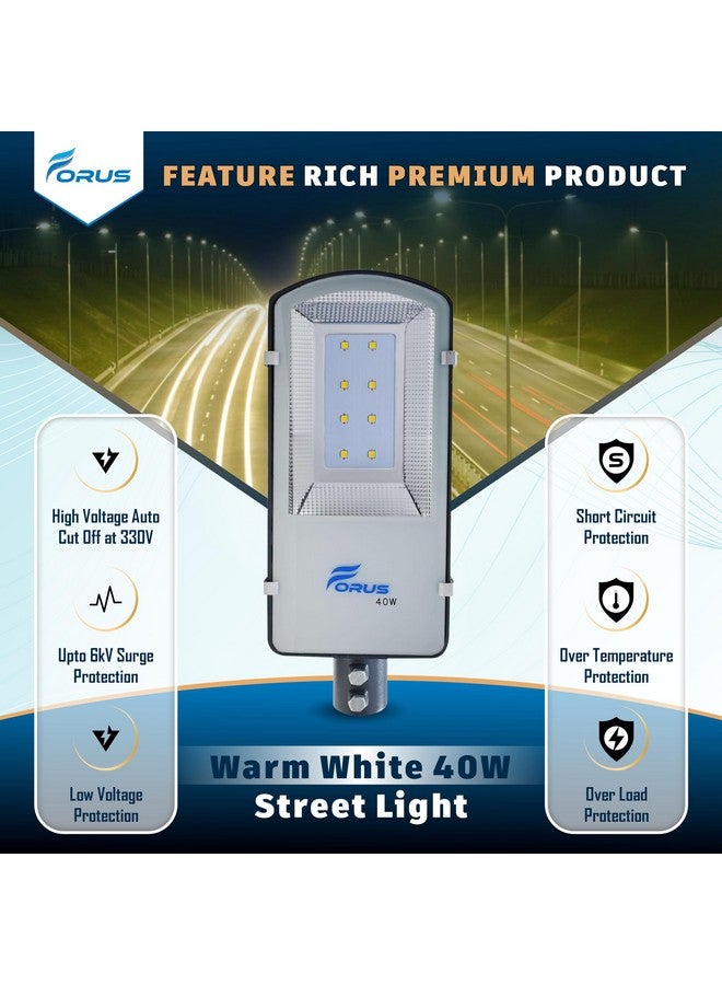 Forus 40W LED Street Light Warm White - IP66 Waterproof Outdoor Lighting Fixture, Energy Efficient Road Lamp with 10-Year Warranty for Street, Garden, Parking Lot, Highway, Backyard - 1 PC - Image 2