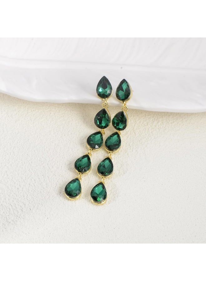 Qinpan Teardrop Crystal Dangle Earrings for Women 14K Glod Costume Jewelry (May-Emerald-14K Gold) - Image 5