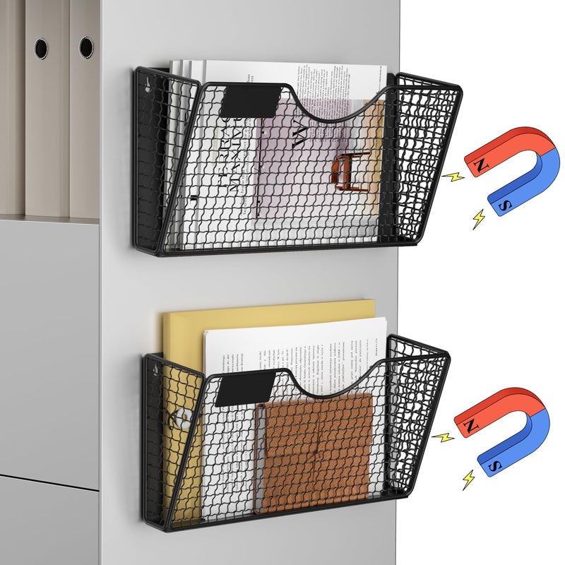 MFTEK Magnetic File Holder 2 Pockets Magnetic File Folder Holder No Drilling Magnet Paper Mail Organizer Magazine Basket Hanging Wall Storage Rack for Fridge Cabinets Office Classroom
