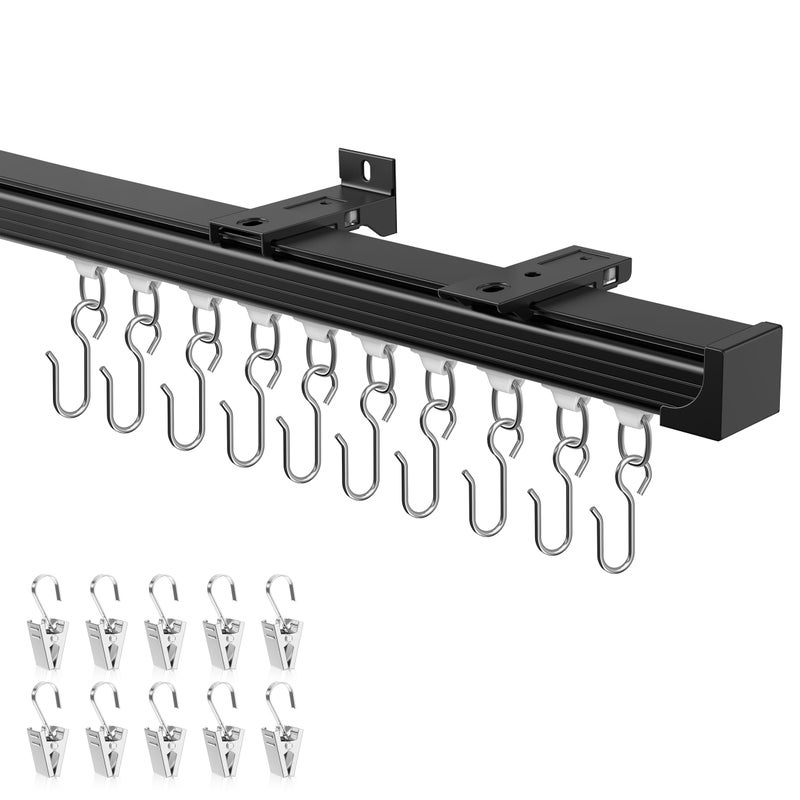 Hei! dear Curtain Track 9-12ft Black - Adjustable Ceiling/Wall Mount, Heavy Duty Curtain Rail System with 40 Rollers, 40 Hooks & 40 Clips, Room Divider for Grommet/Pleated Curtains - Image 1