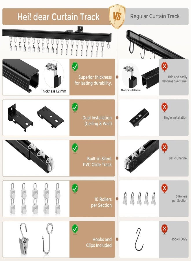 Hei! dear Curtain Track 9-12ft Black - Adjustable Ceiling/Wall Mount, Heavy Duty Curtain Rail System with 40 Rollers, 40 Hooks & 40 Clips, Room Divider for Grommet/Pleated Curtains - Image 3