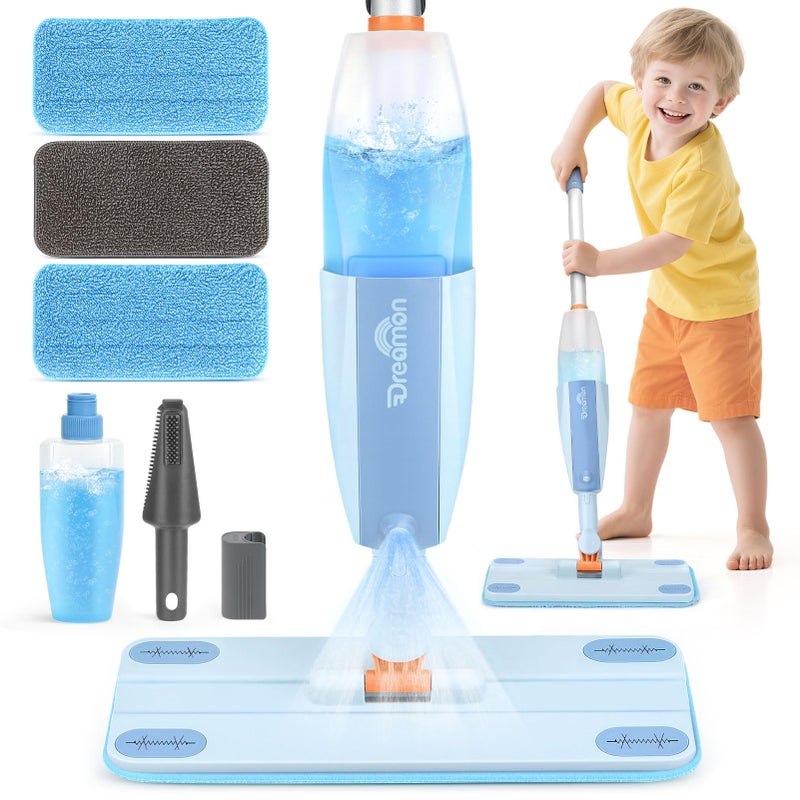 Dreamon Kids Spray Mop Real Working Toddler Cleaning Set with Water Sprayer 3 Washable Mop Pads Scraper Pretend Play Montessori Housekeeping Toys Gifts for Toddlers Kids Girls BoysBlue - Image 2