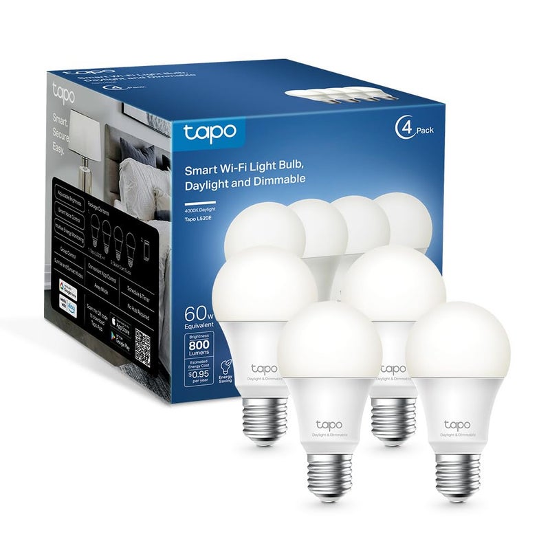 Tapo TP-Link Smart Light Bulbs - Natural Daylight, Dimmable, Compatible w/Alexa and Google Home, A60 Bulb/E27 Base, 60W Equivalent, 800LM CRI>90, 2.4GHz WiFi Only, No Hub Required, L520E(4-Pack) - Image 1