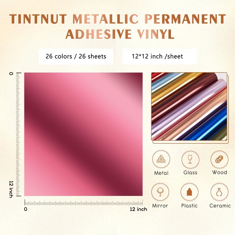 Tintnut Metallic Permanent Vinyl - 26 Sheets 12"x12" Multicolored Holographic Permanent Adhesive Vinyl for Cutting Machine,Waterproof Material for Home Decor Self Sticker - Image 2