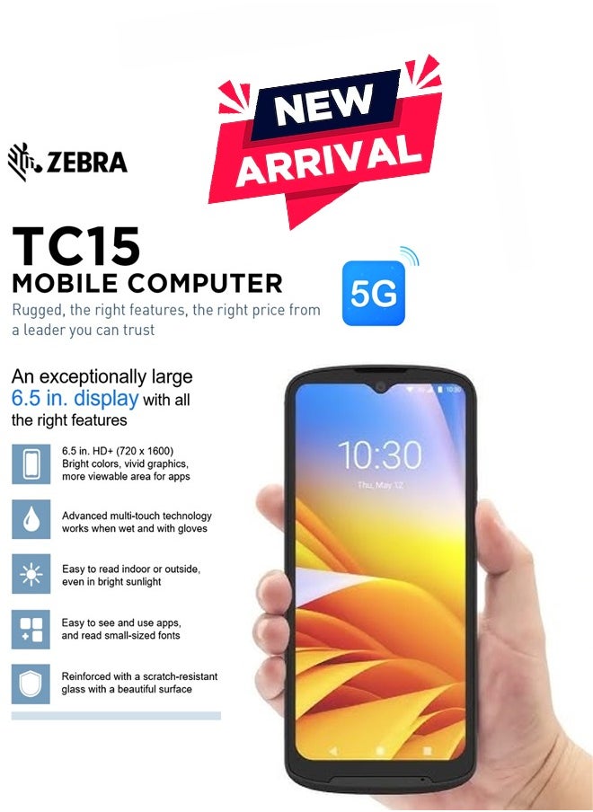 ZEBRA - ZEBRA TC15 Rugged Mobile Computer, 6.5" HD+ Display, 4GB RAM, 64GB Storage, 2D Imager, Wi-Fi, 5G Network, SE4710, USB-C, NFC, GPS, Android 11 OS, 5000mAh Battery Capacity, Black | TC15BK-1PE14S-A6 - Image 1