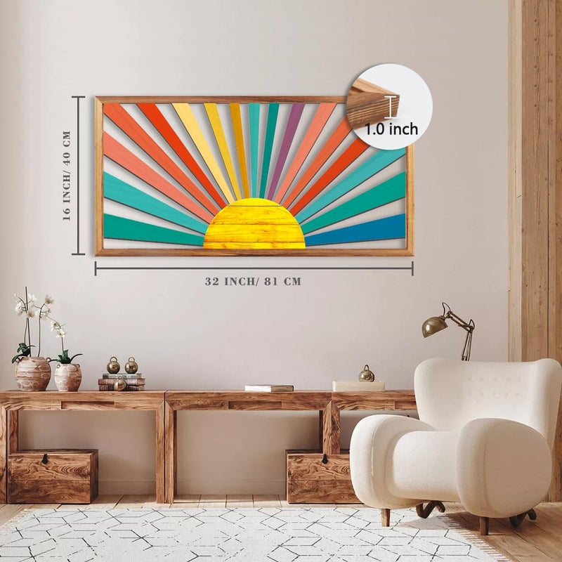 IARTTOP Large Boho Sun Wall Art Framed Wooden Art Wall Decor Colorful Rainbow Geometric Line Sunshine Artwork for Living Room Bedroom Office 16x32 Inch - Image 4