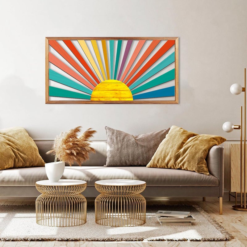 IARTTOP Large Boho Sun Wall Art Framed Wooden Art Wall Decor Colorful Rainbow Geometric Line Sunshine Artwork for Living Room Bedroom Office 16x32 Inch - Image 2