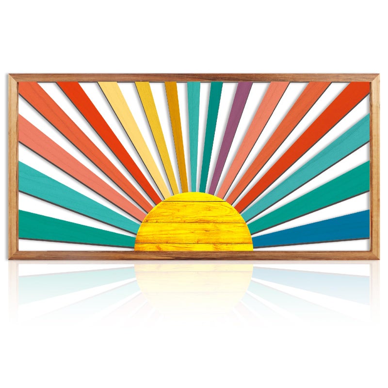 IARTTOP Large Boho Sun Wall Art Framed Wooden Art Wall Decor Colorful Rainbow Geometric Line Sunshine Artwork for Living Room Bedroom Office 16x32 Inch - Image 1