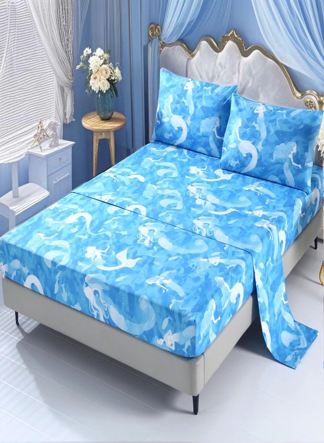 SDIII 4PCS Oil Painting Style Blue Mermaid Sheets Twin Set, Microfiber Princess Sheets Twin, Painterly Blue Mermaid Princess Bedding Sheet for Girls - Image 1